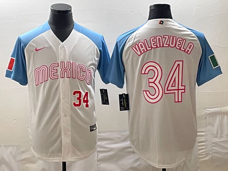 Men 2023 World Cub Mexico #34 Valenzuela White blue Nike MLB Jersey4